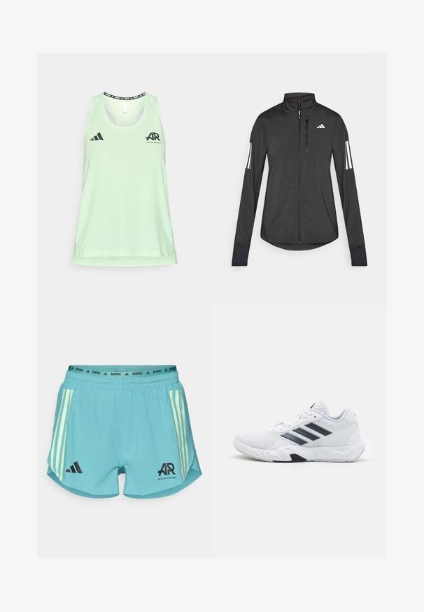 Juodas sportinis švarkas, pagamintas iš lengvos medžiagos. Yra priekinis užtrauktukas, aukšta apykaklė ir trys baltos juostos kiekviename rankovėje.; Šviesiai žalia berankovė sportinė marškinėliai, pagaminti iš kvėpuojančios medžiagos, su juodu adidas logotipu ir bėgimo grafika kaklo išpjovoje ir krūtinėje.; adidas Performance SHORT - Sportiniai šortai - powder teal; Baltas sportinis batelis su tinklelio viršumi, trimis juodomis juostelėmis šone, tekstūruotais akcentais ir tvirtu guminio pado su kontrastinga juoda dalimi.
