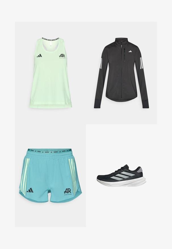 Czarna sportowa kurtka wykonana z lekkiego materiału. Posiada zamek błyskawiczny z przodu, wysoki kołnierz oraz trzy białe paski na każdym rękawie.; Jasnozielony bezrękawnik sportowy wykonany z przewiewnego materiału, z czarnym logo adidas oraz grafiką biegową na dekolcie i klatce piersiowej.; adidas Performance - Krótkie spodenki sportowe; Czarny but biegowy z siateczkowym wierzchem, trzema srebrnymi paskami, białą podeszwą środkową i teksturowaną podeszwą zewnętrzną. Posiada wyściełany kołnierz i zapięcie na sznurówki.