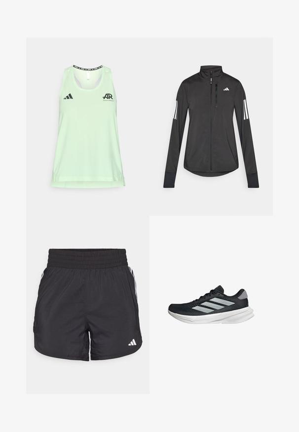 Crni sportski jakna napravljena od laganog materijala. Ima prednji zatvarač, visoki ovratnik i tri bijele pruge na svakoj rukavu.; Svijetlozeleni bezrukavni atletski top napravljen od prozračnog materijala, sa crnim adidas logotipom i grafikom za trčanje na izrezu i prsima.; Crne atletske kratke hlače s elastičnom trakom u struku, bočnim džepovima i bijelim prugama sa strane. Izrađene su od laganog materijala.; Crne trkačke tenisice s mrežastim gornjim dijelom, tri srebrne pruge, bijeli srednji sloj i teksturirani potplat. Sadrži podstavljeni ovratnik i zatvaranje s vezicama.