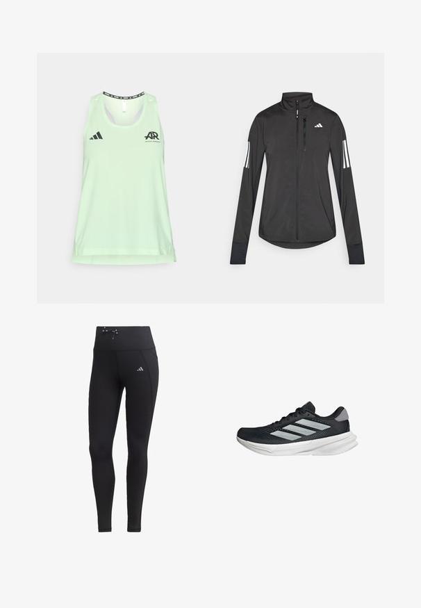 Sort atletisk jakke lavet af let materiale. Har en frontlynlås, høj krave og tre hvide striber på hver ærme.; Lys grøn, ærmeløs atletisk tanktop lavet af åndbart stof, med sort adidas-logo og løbegrafik ved halsudskæringen og brystet.; Sorte leggings med høj talje, snøre-detalje og sidelommer. Fremstillet af glat materiale med reflekterende logo-accent.; Sort løbesko med mesh-overdel, tre sølvstriber, hvid mellemsål og struktureret ydersål. Har polstret krave og snørelukning.
