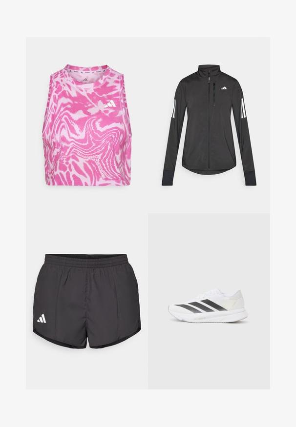 Svart treningsjakke laget av lett materiale. Har glidelås foran, høy krage og tre hvite striper på hver erme.; Rosa ermeløs crop top med en bølgete mønster, laget av myk stoff; har en brodert hvit logo foran nær halsen.; Svart treningsshorts laget av lett materiale, med elastisk midje og en hvit Adidas-logo nederst til venstre.; Hvit sportssko med svarte diagonale striper, mesh-overdel, rund tå og teksturert såle. Detaljene inkluderer en sølvfarget hæl og minimalistisk design.