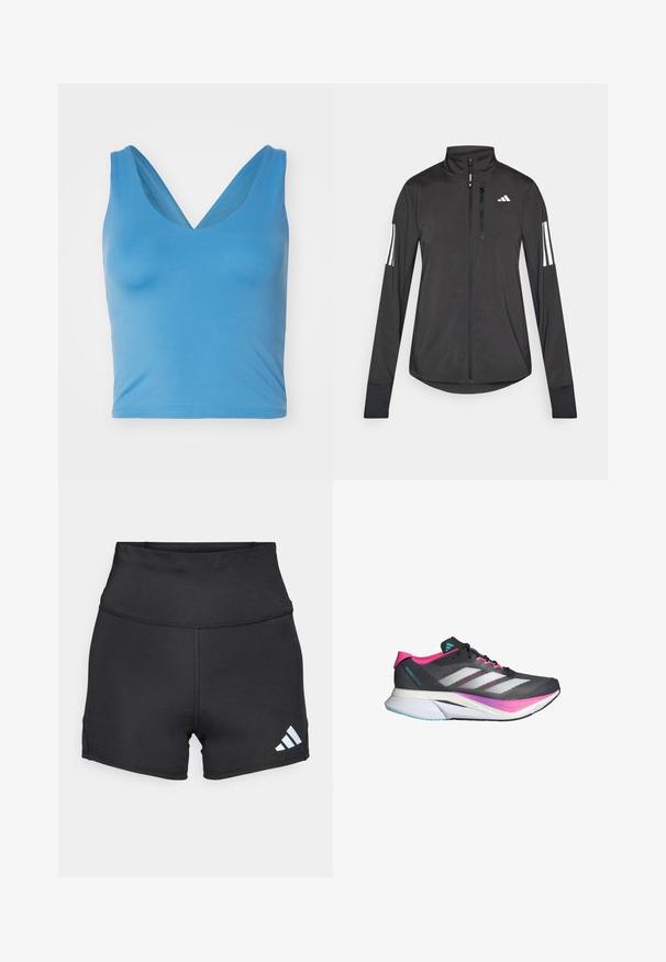 Černá atletická bunda vyrobená z lehkého materiálu. Má přední zip, vysoký límec a tři bílé pruhy na každém rukávu.; Girlfriend Collective FLOAT ZOE TANK CROSS BACK - Top - surf; adidas Performance Punčochy - black; Běžecká obuv s šedým síťovaným svrškem, růžovými akcenty a bílými pruhy. Disponuje odpruženou podrážkou a štíhlým, aerodynamickým designem.