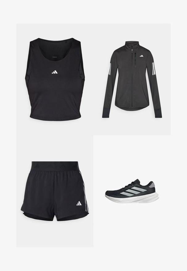 Chaqueta deportiva negra hecha de material ligero. Cuenta con una cremallera frontal, un cuello alto y tres franjas blancas en cada manga.; Top deportivo negro de corte corto, hecho de tela que absorbe la humedad, con cuello redondo, diseño sin mangas y logo blanco en el pecho.; Pantalones cortos deportivos negros con una cintura elástica, que presentan una banda texturizada, rayas laterales y un logo blanco de Adidas en el dobladillo inferior.; Zapatilla de correr negra con parte superior de malla, tres franjas plateadas, media suela blanca y suela texturizada. Incluye un cuello acolchado y cierre de cordones.