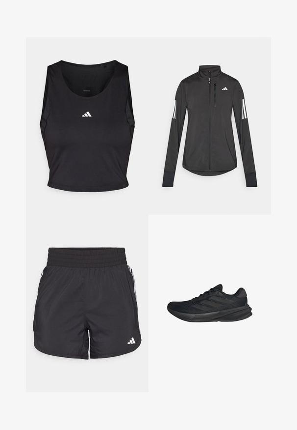 Black athletic jacket made of lightweight material. Features a front zipper, high collar, and three white stripes on each sleeve.; Black sports crop top made from moisture-wicking fabric, featuring a round neck, sleeveless design, and white logo on the chest.; Black athletic shorts with an elastic waistband, side pockets, and white stripe accents on the sides. Made of lightweight material.; Black athletic shoes with a mesh upper, streamlined shape, flat sole, and three diagonal stripes on the side. Lightweight design for comfort.