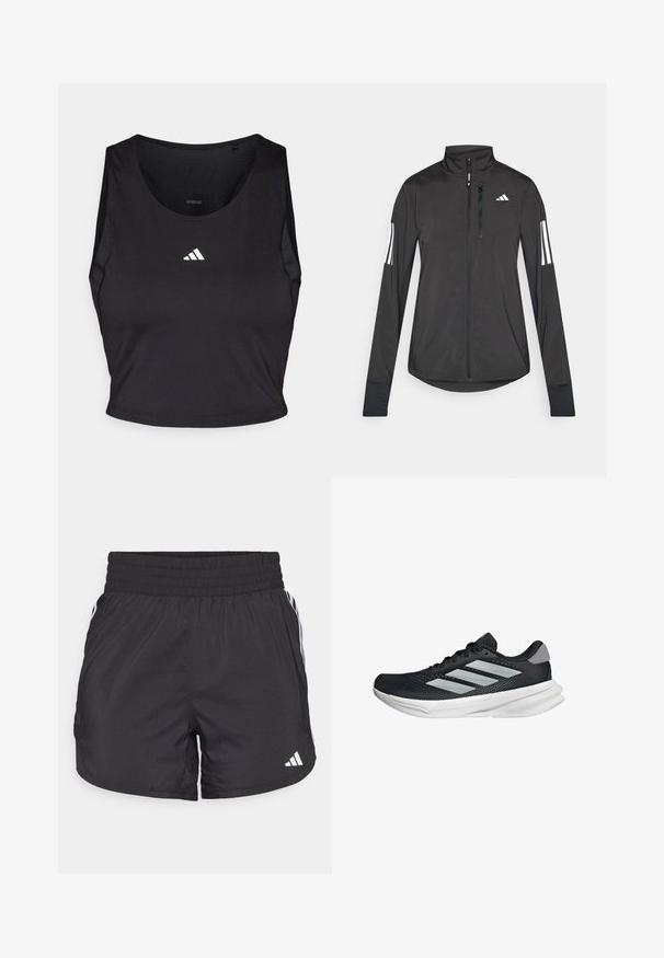 Crni sportski jakna napravljena od laganog materijala. Ima prednji zatvarač, visoki ovratnik i tri bijele pruge na svakoj rukavu.; Crni sportski crop top napravljen od tkanine koja odvodi vlagu, s okruglim izrezom, bez rukava i bijelim logotipom na prsima.; Crne atletske kratke hlače s elastičnom trakom u struku, bočnim džepovima i bijelim prugama sa strane. Izrađene su od laganog materijala.; Crne trkačke tenisice s mrežastim gornjim dijelom, tri srebrne pruge, bijeli srednji sloj i teksturirani potplat. Sadrži podstavljeni ovratnik i zatvaranje s vezicama.