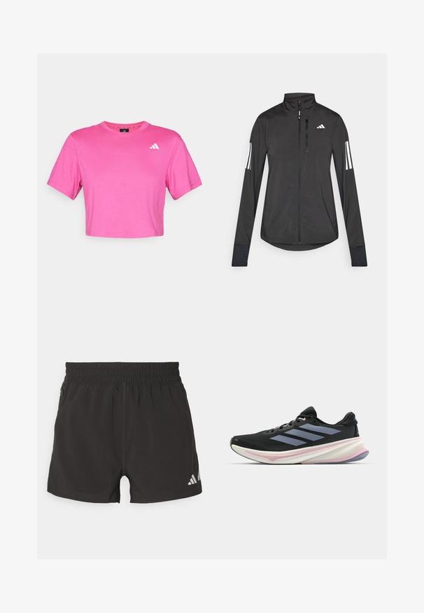Svart treningsjakke laget av lett materiale. Har glidelås foran, høy krage og tre hvite striper på hver erme.; Rosa kortermet t-skjorte laget av myk bomull. Har korte ermer og en liten hvit logo på venstre bryst. Jevn tekstur med klassisk snitt.; Svart treningshorts laget av lett materiale. Har elastisk midje, sidelomme med glidelås og et reflekterende logo på kanten.; Svart løpesko med mesh-overdel, lyse lilla detaljer og tre horisontale grå striper. Har en polstret såle for komfort.