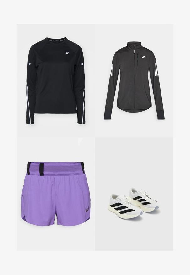 Fekete sportos dzseki könnyű anyagból. Elöl cipzárral, magas gallérral és minden ujjon három fehér csíkkal rendelkezik.; Fekete, hosszú ujjú sportpóló, raglán ujjakkal, fehér fényvisszaverő csíkokkal az oldalakon és kerek nyakkivágással. A mellkason egy kis logó található.; ASICS METARUN SPLIT SHORT - Sport rövidnadrágok - edo purple; Fehér sportcipők fekete csíkokkal és logóval, hálós felsőrésszel, kerek orral és vastag krém színű talppal a párnázás érdekében.