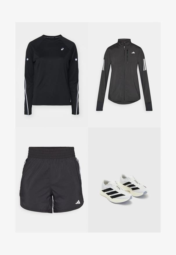 Jachetă sport neagră din material ușor. Are un fermoar frontal, guler înalt și trei dungi albe pe fiecare manșon.; Cămiză sport neagră cu mâneci lungi și raglan, cu dungi reflectorizante albe pe laterale și guler rotund. Prezentă un mic logo pe piept.; Șorturi atletice negre, cu talie elastică, buzunare laterale și accente albe pe laterale. Fabricate dintr-un material ușor.; Încălțăminte sport albă cu dungi negre și branding, având un guler din plasă, vârf rotund și o talpă groasă de crem pentru amortizare.