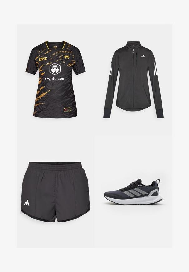Jaqueta atlética preta feita de material leve. Apresenta um fecho frontal, colarinho alto e três riscas brancas em cada manga.; Camisa da UFC preta e dourada com um padrão texturizado e abstrato, gola redonda, mangas curtas e um logótipo central com "crypto.com" impresso.; Calções atléticos pretos feitos de tecido leve, com um cós elástico e um logo branco da Adidas no canto inferior esquerdo.; Sapatilha desportiva preta com parte superior de malha, sola intermédia branca, sola de borracha texturizada e três riscas cinzentas de lado. Apresenta atacadores e uma alça.