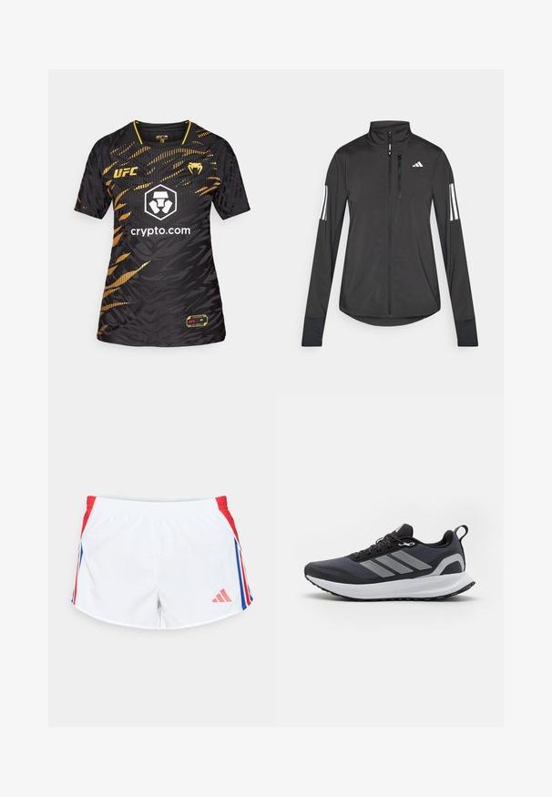 Must mustriga mustrin, millel on esiküljel lukuga, kõrge krae ja igal varrukal kolm valget triipu.; Must musta ja kuldne UFC jakk, millel on tekstureeritud, abstraktne muster, ümmargune dekoltee, lühikesed varrukad ja keskel logo, millel on trükitud "crypto.com".; Valged spordilühikesed püksid punaste külgpaneelidega, millel on sinised triibud. Elastne vöökoht ja logo vasakul all nurgas. Sile kangastekstuuri.; Mustad mustrikad uuendatud ülemise osaga, valge vahekiht, tekstuuriga kummist välistald ja kolm halli triipu külgedel. Omavad paelu ja tõmbenööri.