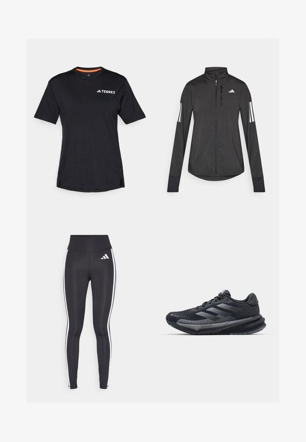 Zwarte sportjack gemaakt van lichtgewicht materiaal. Voorzien van een ritssluiting aan de voorkant, hoge kraag en drie witte strepen op elke mouw.; Zwarte T-shirt met korte mouwen en ronde hals, met een subtiele heatherstructuur en een wit "TERREX" logo aan de bovenlinkerkant.; Zwarte legging met hoge taille, voorzien van witte zijkanten en een klein wit logo op de linkerbovenbeen. Gemaakt van een gladde, rekbare stof.; Zwarte sportieve schoen met een gestructureerde mesh bovenkant, reflecterende accenten, een gevoerde zool en een gestroomlijnd ontwerp. Beschikt over het logo met drie strepen.