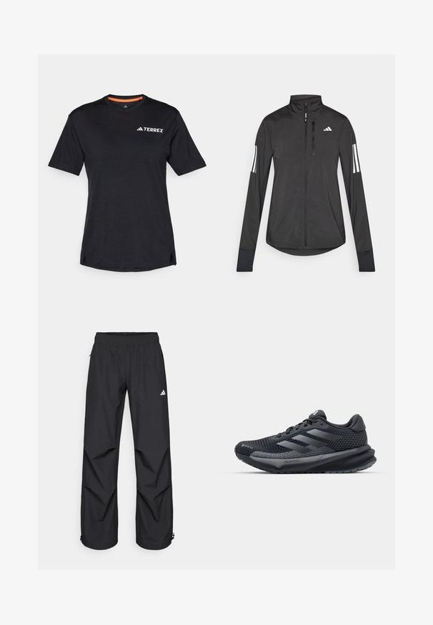 Giacchetto sportivo nero realizzato in materiale leggero. Presenta una chiusura frontale con zip, colletto alto e tre strisce bianche su ciascun manica.; T-shirt nero a maniche corte con scollo rotondo, caratterizzato da una leggera texture mélange e dal logo bianco "TERREX" sul lato superiore sinistro.; Pantaloni neri, leggeri, impermeabili, con vita elasticizzata, tasche laterali e polsini regolabili. Presentano un logo bianco sulla coscia sinistra.; Scarpa da ginnastica nera con parte superiore in rete testurizzata, dettagli riflettenti, suola ammortizzata e design affusolato. Presenta il logo a tre strisce.