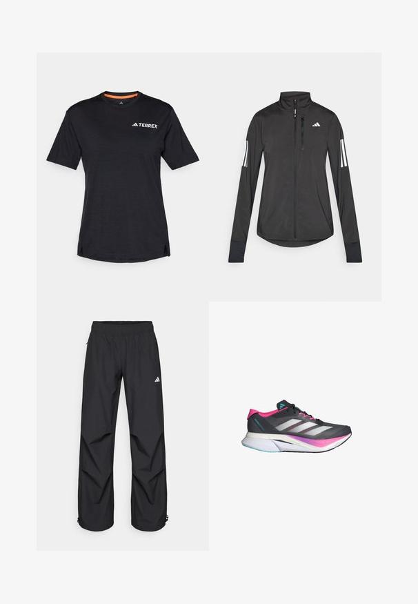 Fekete sportos dzseki könnyű anyagból. Elöl cipzárral, magas gallérral és minden ujjon három fehér csíkkal rendelkezik.; Fekete, rövid ujjú póló kerek nyakkivágással, finom melírozott textúrával, a bal felső sarokban fehér "TERREX" logóval.; Fekete, könnyű, vízálló nadrág elasztikus derékrésszel, oldalsó zsebekkel és állítható mandzsettákkal. A bal combon fehér logó található.; Futócipő szürke hálós felső résszel, rózsaszín díszítéssel és fehér csíkokkal. Puha talppal és karcsú, aerodinamikus dizájnnal rendelkezik.