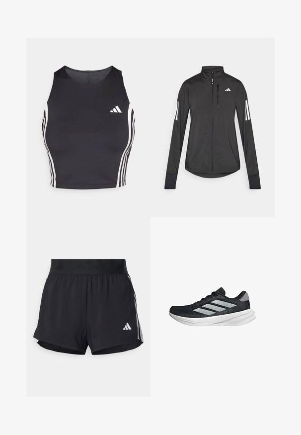 Black athletic jacket made of lightweight material. Features a front zipper, high collar, and three white stripes on each sleeve.; Black athletic crop top made of stretchy material, featuring white side stripes and an Adidas logo accent on the left chest.; Black athletic shorts with an elastic waistband, featuring a textured band, side stripes, and a white Adidas logo on the lower hem.; Black running shoe with mesh upper, three silver stripes, white midsole, and textured outsole. Features padded collar and lace closure.
