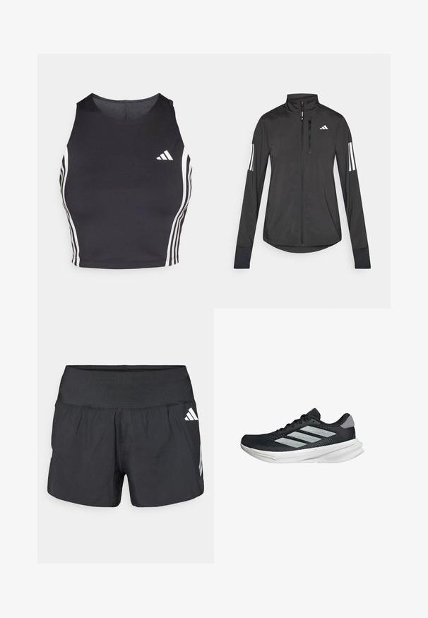 Black athletic jacket made of lightweight material. Features a front zipper, high collar, and three white stripes on each sleeve.; Black athletic crop top made of stretchy material, featuring white side stripes and an Adidas logo accent on the left chest.; Black athletic shorts featuring a wide elastic waistband, lightweight fabric, and white logo accents on the lower side.; Black running shoe with mesh upper, three silver stripes, white midsole, and textured outsole. Features padded collar and lace closure.