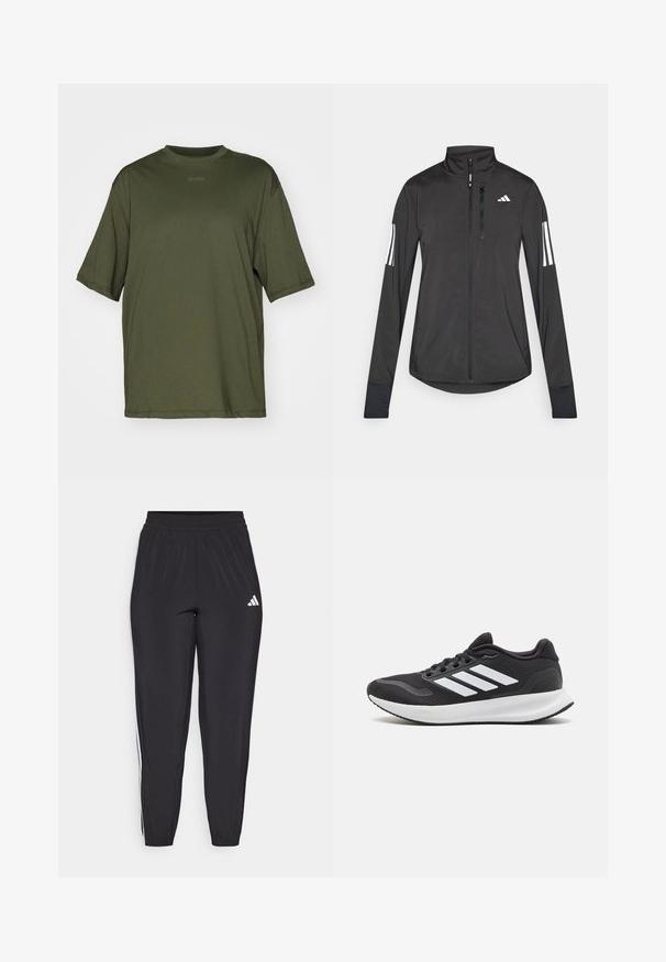 Black athletic jacket made of lightweight material. Features a front zipper, high collar, and three white stripes on each sleeve.; Olive green oversized t-shirt, short sleeves, crew neckline, made of soft fabric. Features subtle branding in the center.; Black athletic pants made from lightweight material, featuring an elastic waistband and white side stripes with a small logo on the front.; Black athletic shoe featuring mesh upper, round toe, and three white stripes on the side. Lightweight sole with textured rubber outsole for grip.