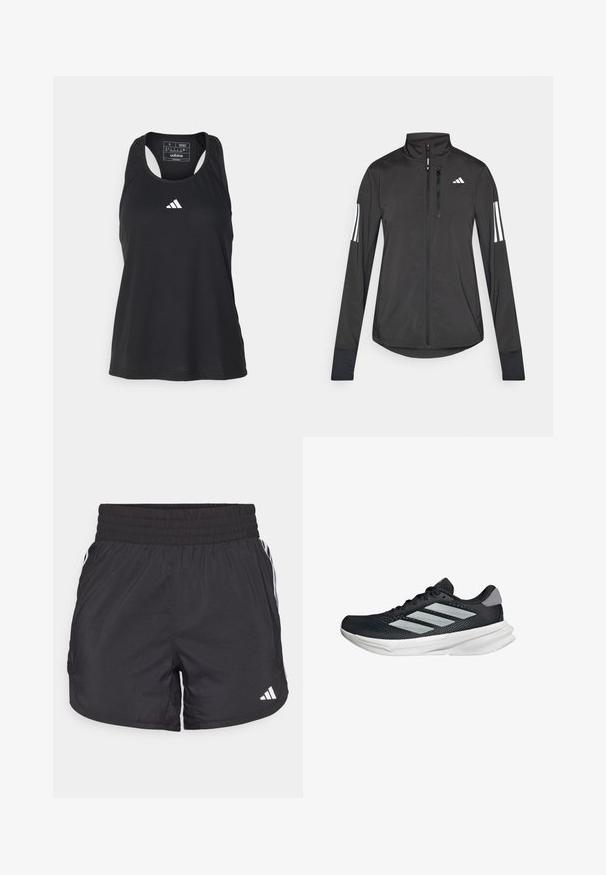 Musta urheilutakki, joka on valmistettu kevyestä materiaalista. Ominaisuuksiin kuuluu etuvetoketju, korkea kaulus ja kolme valkoista raitaa joka hihassa.; Mustat hihattomat urheilu-topit, joissa on pyöreä kaula-aukko ja valkoinen logo rinnassa. Valmistettu sileästä, kevyt kankaasta.; Mustat urheilushortsit, joissa on joustava vyötärö, sivutaskut ja valkoiset raidat sivuilla. Valmistettu kevyestä materiaalista.; Musta juoksukenkä, jossa on verkko-osa ylhäällä, kolme hopeista raitaa, valkoinen välipohja ja teksturoitu pohja. Varustettu pehmustetulla nilkkaremmeillä ja nauhakiinnityksellä.