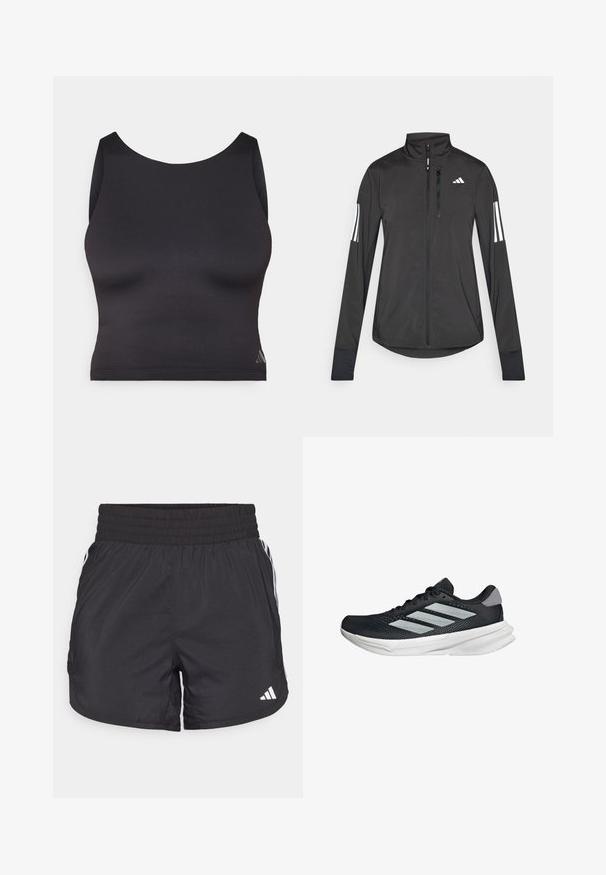 Giacchetto sportivo nero realizzato in materiale leggero. Presenta una chiusura frontale con zip, colletto alto e tre strisce bianche su ciascun manica.; Top sportivo nero a maniche corte realizzato in tessuto liscio ed elastico, con scollatura rotonda. Presenta un discreto dettaglio del logo.; Pantaloni sportivi neri con elastico in vita, tasche laterali e strisce bianche ai lati. Realizzati in materiale leggero.; Scarpa da corsa nera con tomaia in mesh, tre strisce argentate, intersuola bianca e suola testurizzata. Presenta un colletto imbottito e chiusura con lacci.