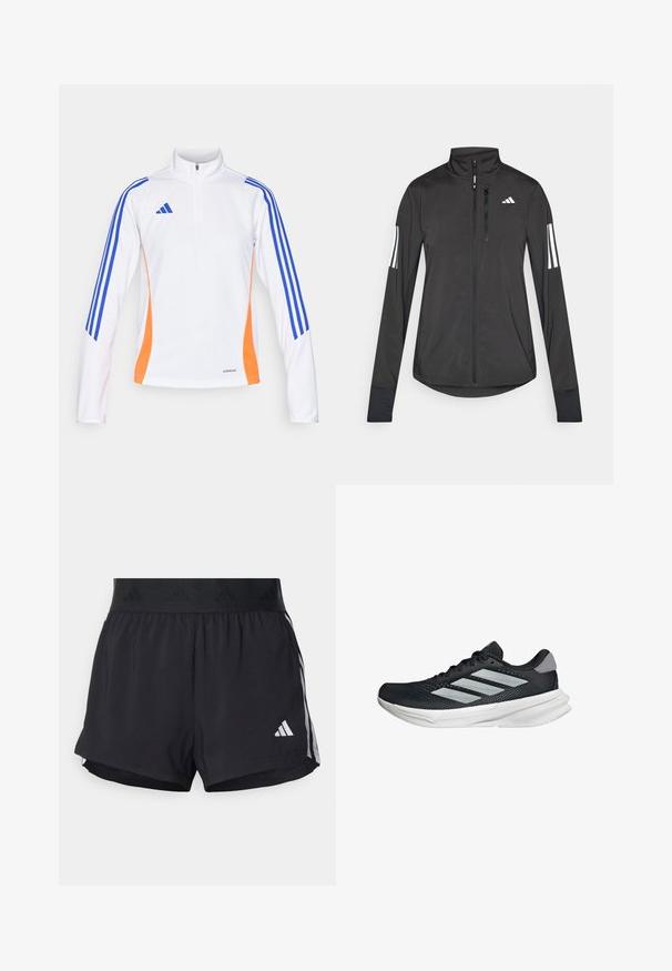 Crni sportski jakna napravljena od laganog materijala. Ima prednji zatvarač, visoki ovratnik i tri bijele pruge na svakoj rukavu.; adidas Performance TIRO24 TRAINING TOP WOMEN - Top dugih rukava - white/lucid blue/app solar red; Crne atletske kratke hlače s elastičnim pojasom, s teksturiranim pojasom, bočnim prugama i bijelim Adidas logotipom na donjem rubu.; Crne trkačke tenisice s mrežastim gornjim dijelom, tri srebrne pruge, bijeli srednji sloj i teksturirani potplat. Sadrži podstavljeni ovratnik i zatvaranje s vezicama.