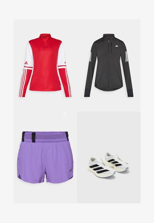 Black athletic jacket made of lightweight material. Features a front zipper, high collar, and three white stripes on each sleeve.; Red long-sleeve athletic top with a high collar, white sleeve accents, and three white stripes along the sleeves. Features a half-zip front.; ASICS METARUN SPLIT SHORT - Sports shorts - edo purple; White athletic shoes with black stripes and branding, featuring a mesh upper, rounded toe, and thick cream sole for cushioning.