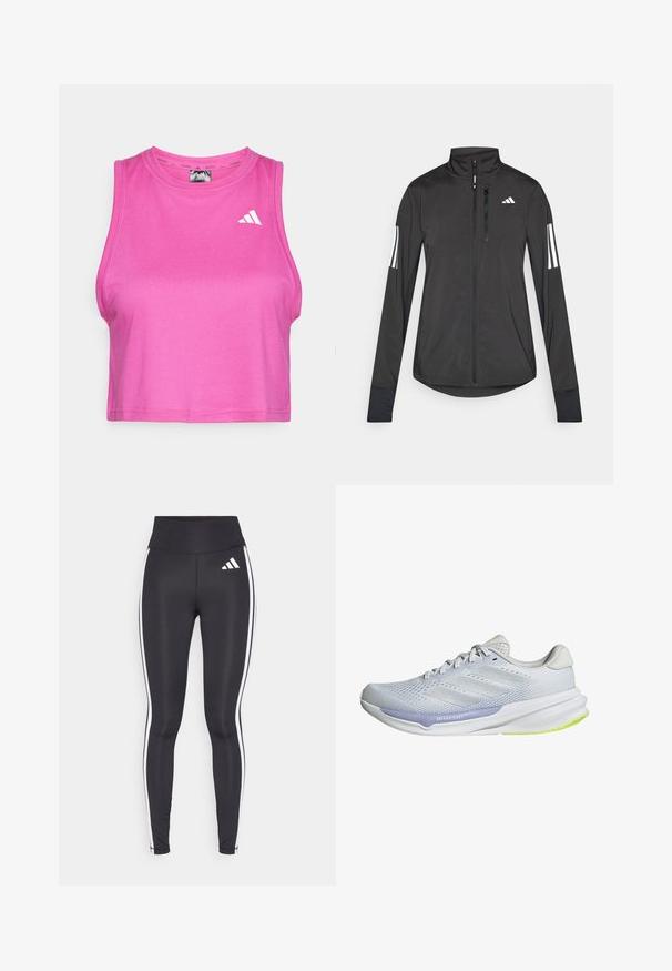 Musta urheilutakki, joka on valmistettu kevyestä materiaalista. Ominaisuuksiin kuuluu etuvetoketju, korkea kaulus ja kolme valkoista raitaa joka hihassa.; Vaaleanpunainen urheilullinen toppi, joka on valmistettu sileästä ja joustavasta kankaasta. Siinä on pyöreä kaula-aukko ja valkoinen logo vasemmassa rinnassa.; Mustat legginsit korkealla vyötäröllä, joissa on valkoiset sivusuunnat ja pieni valkoinen logo vasemmassa yläreidessä. Valmistettu sileästä, joustavasta materiaalista.; Valkoinen urheilukenkä, jossa on hengittävä verkkomateriaali, teksturoidut yksityiskohdat ja laventelinvärinen korostus. Varustettu pehmustetulla pohjalla, jossa on vihreät ulkopohjaton yksityiskohdat.