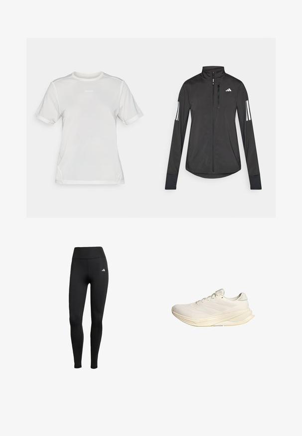Jaqueta atlética preta feita de material leve. Apresenta um fecho frontal, colarinho alto e três riscas brancas em cada manga.; Camisa atlética de malha branca de manga curta com gola redonda e pequeno logotipo "Salomon" centrado no peito.; Leggings atléticos pretos com uma cintura alta. Feitos de um tecido elástico com um detalhe do logótipo branco no lado superior esquerdo.; Sapatilha desportiva bege claro com parte superior em malha, atacadores planos e sola acolchoada. Apresenta um design de três riscas no lado lateral.