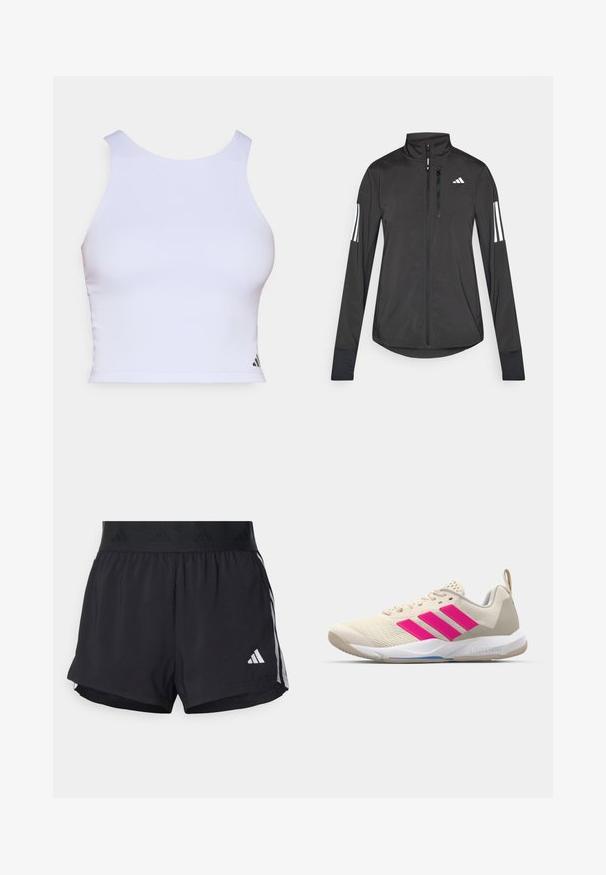 Veste de sport noire en matériau léger. Dotée d'une fermeture éclair sur le devant, d'un col haut et de trois rayures blanches sur chaque manche.; Crop top de sport blanc en tissu lisse, avec un col rond, sans manches et un petit logo noir dans le coin inférieur.; Shorts de sport noirs avec une taille élastique, dotés d'une bande texturée, de rayures sur les côtés, et d'un logo Adidas blanc sur l'ourlet inférieur.; Baskets de sport beiges avec un logo à trois bandes roses, tige en maille texturée, col rembourré et semelle en caoutchouc blanc, arborant le marquage "LIGHTSTRIKE".