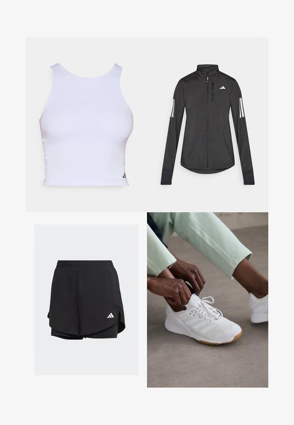 Czarna sportowa kurtka wykonana z lekkiego materiału. Posiada zamek błyskawiczny z przodu, wysoki kołnierz oraz trzy białe paski na każdym rękawie.; Biały sportowy crop top wykonany z gładkiego materiału, z okrągłym dekoltem, bez rękawów oraz małym czarnym logo w dolnym rogu.; Czarne szorty sportowe z elastycznym paskiem w talii, warstwowym krojem, wewnętrznymi dopasowanymi szortami i białym logo po lewej stronie na dole.; Białe buty sportowe z siateczkową cholewką, gumową podeszwą i wzorem w trzy paski. Sznurowadła są regulowane; widoczne jasnoszare i miętowe ubrania.