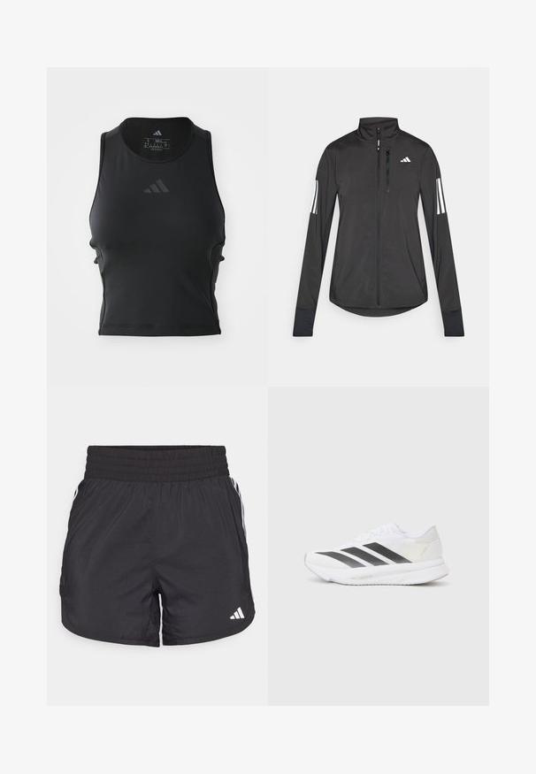 Czarna sportowa kurtka wykonana z lekkiego materiału. Posiada zamek błyskawiczny z przodu, wysoki kołnierz oraz trzy białe paski na każdym rękawie.; Czarny krótki top fitness wykonany z gładkiego, elastycznego materiału; posiada okrągły dekolt i małe, odblaskowe logo z przodu.; Czarne spodenki sportowe z elastycznym paskiem w talii, bocznymi kieszeniami oraz białymi akcentami wzdłuż boków. Wykonane z lekkiego materiału.; Białe buty sportowe z czarnymi przekątnymi paskami, siateczkowa cholewka, zaokrąglony nos oraz teksturowana podeszwa. Akcenty obejmują srebrny obcas i minimalistyczny design.