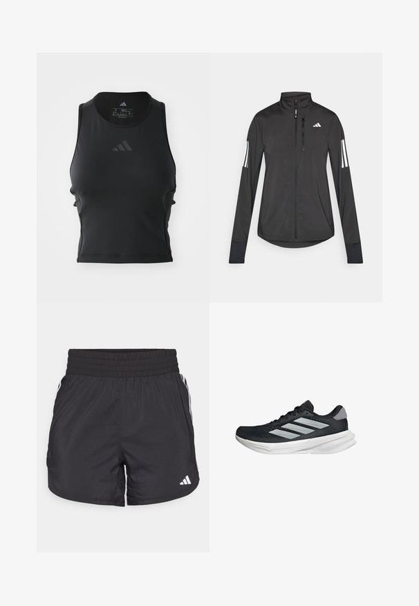 Crni sportski jakna napravljena od laganog materijala. Ima prednji zatvarač, visoki ovratnik i tri bijele pruge na svakoj rukavu.; Crni skraćeni fitness top od glatkog, rastezljivog materijala; ima okrugli izrez i mali reflektirajući logo na prednjoj strani.; Crne atletske kratke hlače s elastičnom trakom u struku, bočnim džepovima i bijelim prugama sa strane. Izrađene su od laganog materijala.; Crne trkačke tenisice s mrežastim gornjim dijelom, tri srebrne pruge, bijeli srednji sloj i teksturirani potplat. Sadrži podstavljeni ovratnik i zatvaranje s vezicama.