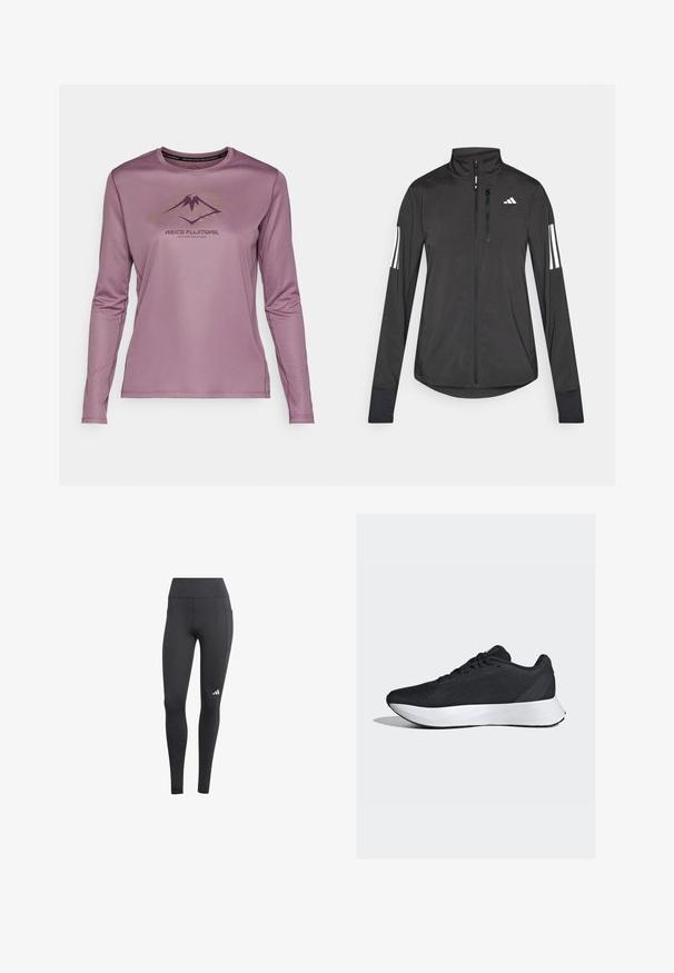 Zwarte sportjack gemaakt van lichtgewicht materiaal. Voorzien van een ritssluiting aan de voorkant, hoge kraag en drie witte strepen op elke mouw.; Langarm mauve sportshirt met berglogo en "ASICS FUJITRAIL" tekst op de voorkant.; Zwarte sportlegging met een hoge tailleband, voorzien van een zijzak en een wit logo op het linkerspoor van de onderkant. Het materiaal lijkt ademend te zijn.; Zwarte sportschoenen met een ademend bovenwerk van mesh, een witte tussenzool en een slank, gebogen ontwerp; uitgerust met veters en een stevige rubberen buitenzool.