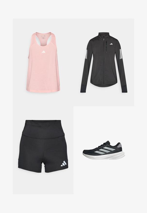 Schwarze Sportjacke aus leichtem Material. Mit einem Frontreißverschluss, hohem Kragen und drei weißen Streifen an jedem Ärmel.; adidas Performance TRAIN ESSENTIALS MINIMAL BRANDING RACERBACK - Top - semi pink spark; adidas Performance Tights - black; Schwarzer Laufschuh mit Mesh-Obermaterial, drei silbernen Streifen, weißer Zwischensohle und strukturiertem Außensohle. Verfügt über einen gepolsterten Schaft und eine Schnürung.