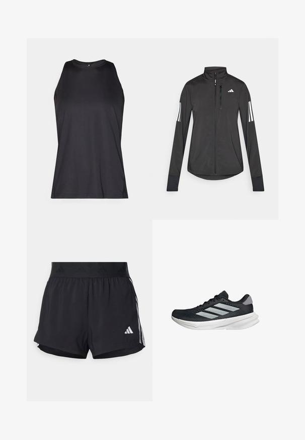 Czarna sportowa kurtka wykonana z lekkiego materiału. Posiada zamek błyskawiczny z przodu, wysoki kołnierz oraz trzy białe paski na każdym rękawie.; Czarna bezrękawnik sportowy wykonany z gładkiego, lekkiego materiału. Posiada okrągły dekolt i płaskie szwy dla komfortu.; Czarne sportowe szorty z elastycznym paskiem w talii, z teksturowanym pasem, bocznymi paskami oraz białym logo Adidas na dolnym brzegu.; Czarny but biegowy z siateczkowym wierzchem, trzema srebrnymi paskami, białą podeszwą środkową i teksturowaną podeszwą zewnętrzną. Posiada wyściełany kołnierz i zapięcie na sznurówki.