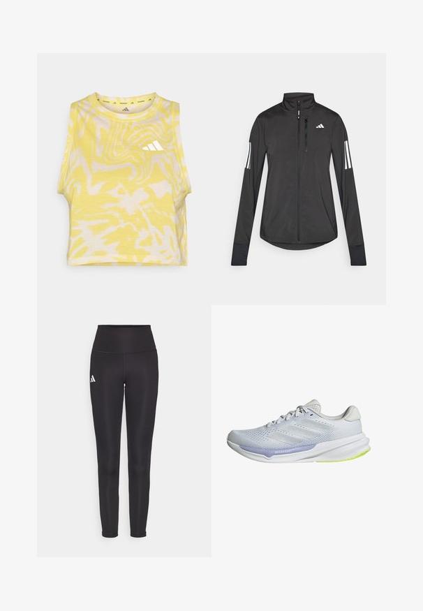 Černá atletická bunda vyrobená z lehkého materiálu. Má přední zip, vysoký límec a tři bílé pruhy na každém rukávu.; Žlutý bezrukávový crop top s abstraktním bílým vzorem, kulatým výstřihem a jemným detailem loga v bílé barvě na přední straně. Měkká textilie.; Černé legíny s vysokým pasem vyrobené z elastického materiálu. Na levé straně mají bílé logo a elegantní, bezešvou konstrukci. Hladká textura.; Bílé sportovní boty s prodyšným síťovaným svrškem, texturovaným designem a levandulovým akcentem. Mají polstrovanou podrážku s detaily v zelené barvě na podrážce.