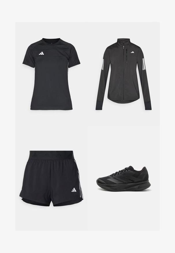 Čierna športová bunda vyrobená z ľahkého materiálu. Má zips vpredu, vysoký golier a tri biele pruhy na každom rukáve.; Čierne športové tričko vyrobené z ľahkej tkaniny. Obsahuje okrúhly výstrih, krátke rukávy a logu s tromi bielymi pruhmi na hornej ľavej strane.; Čierne športové šortky s elastickým pásom, ktorý má textúrovanú pruh, bočné pruhy a biely logo Adidas na dolnom leme.; Čierna bežecká obuv s priedušným sieťovaným zvrškom, zaoblenou špičkou, štíhlym dizajnom, štruktúrovanými akcentmi a polstrovanou podrážkou pre pohodlie.