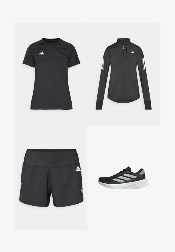 Black athletic jacket made of lightweight material. Features a front zipper, high collar, and three white stripes on each sleeve.; Black athletic shirt made of lightweight fabric. Features a round neck, short sleeves, and three white stripes logo on the upper left side.; Black athletic shorts featuring a wide elastic waistband, lightweight fabric, and white logo accents on the lower side.; Black running shoe with mesh upper, three silver stripes, white midsole, and textured outsole. Features padded collar and lace closure.