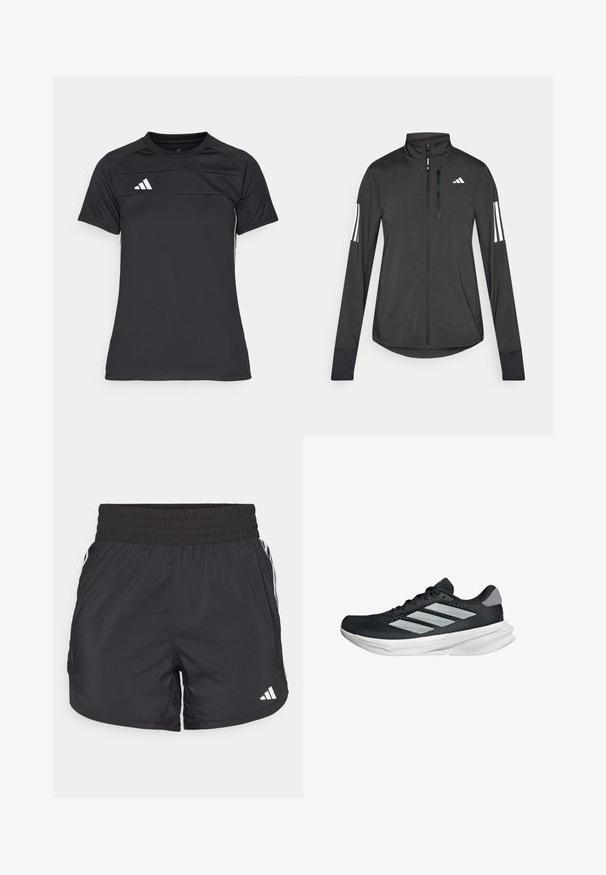 Black athletic jacket made of lightweight material. Features a front zipper, high collar, and three white stripes on each sleeve.; Black athletic shirt made of lightweight fabric. Features a round neck, short sleeves, and three white stripes logo on the upper left side.; Black athletic shorts with an elastic waistband, side pockets, and white stripe accents on the sides. Made of lightweight material.; Black running shoe with mesh upper, three silver stripes, white midsole, and textured outsole. Features padded collar and lace closure.