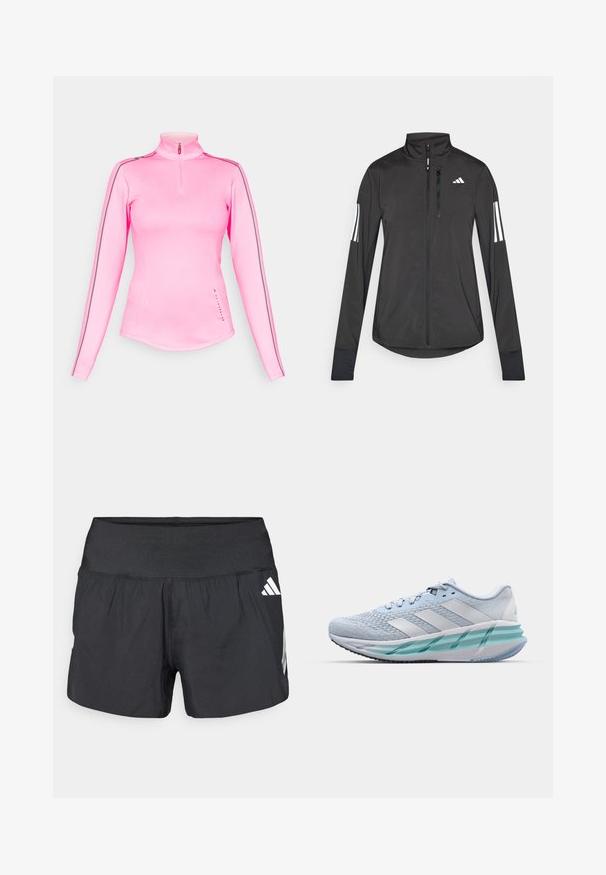 Chaqueta deportiva negra hecha de material ligero. Cuenta con una cremallera frontal, un cuello alto y tres franjas blancas en cada manga.; Top deportivo de manga larga y color rosa con cuello de media cremallera. Presenta delgadas rayas grises a lo largo de los hombros y una tela lisa y elástica.; Pantalones cortos deportivos negros con una amplia cintura elástica, tela ligera y detalles de logo blancos en el lateral inferior.; Zapatillas deportivas azul claro con un upper de punto texturizado, acentos blancos y una suela intermedia verde transparente. Punta redondeada y cuello acolchado.