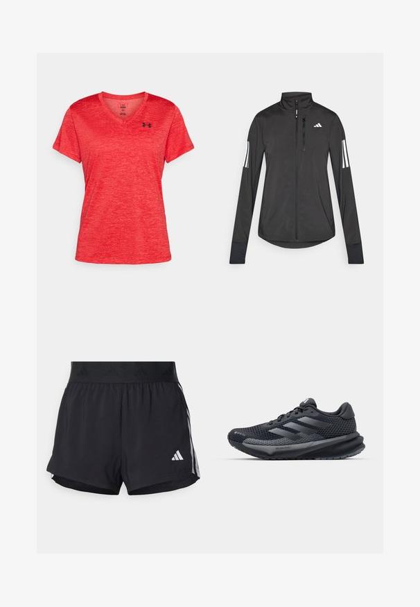 Schwarze Sportjacke aus leichtem Material. Mit einem Frontreißverschluss, hohem Kragen und drei weißen Streifen an jedem Ärmel.; Under Armour TECH TWIST - Sport T-Shirt - racer red/black; Schwarze Sportshorts mit einem elastischen Bund, ausgestattet mit einem strukturierten Band, seitlichen Streifen und einem weißen Adidas-Logo am unteren Saum.; Schwarzer Sportschuh mit einem strukturierten Mesh-Obermaterial, reflektierenden Akzenten, gepolsteter Sohle und einem schlanken Design. Enthält ein Logo mit drei Streifen.