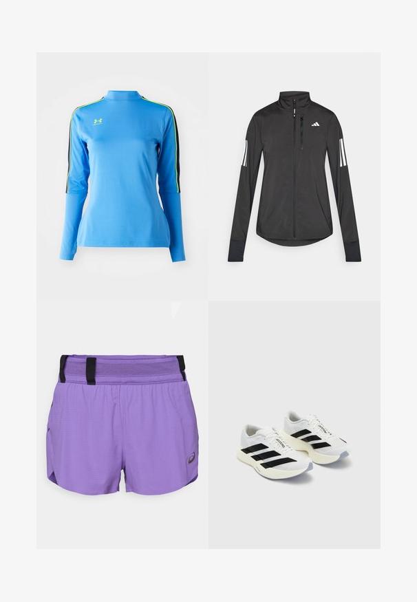 Black athletic jacket made of lightweight material. Features a front zipper, high collar, and three white stripes on each sleeve.; Light blue long-sleeve athletic top with a high neck. Features black and neon green stripes on the shoulders. Smooth, stretchy fabric.; ASICS METARUN SPLIT SHORT - Sports shorts - edo purple; White athletic shoes with black stripes and branding, featuring a mesh upper, rounded toe, and thick cream sole for cushioning.