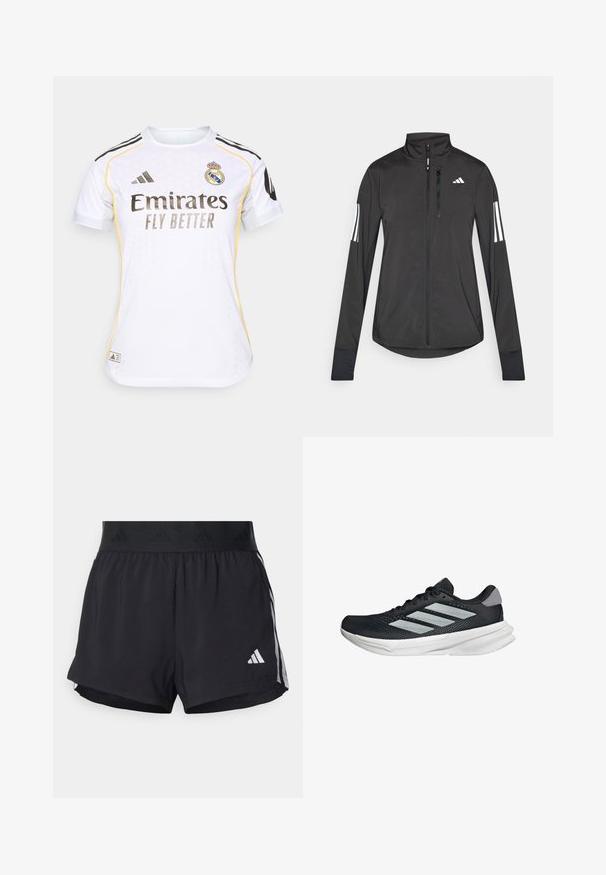 Giacchetto sportivo nero realizzato in materiale leggero. Presenta una chiusura frontale con zip, colletto alto e tre strisce bianche su ciascun manica.; Maglia da calcio bianca con accenti neri e gialli, caratterizzata da un collo rotondo, maniche corte e il logo del Real Madrid sul petto.; Pantaloni sportivi neri con cintura elasticizzata, dotati di una banda testurizzata, strisce laterali e un logo Adidas bianco sull'orlo inferiore.; Scarpa da corsa nera con tomaia in mesh, tre strisce argentate, intersuola bianca e suola testurizzata. Presenta un colletto imbottito e chiusura con lacci.
