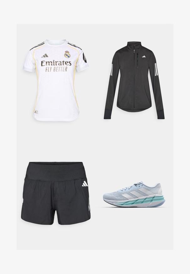 Chaqueta deportiva negra hecha de material ligero. Cuenta con una cremallera frontal, un cuello alto y tres franjas blancas en cada manga.; Camiseta de fútbol blanca con acentos en negro y amarillo, que presenta un cuello redondo, mangas cortas y el logo del Real Madrid en el pecho.; Pantalones cortos deportivos negros con una amplia cintura elástica, tela ligera y detalles de logo blancos en el lateral inferior.; Zapatillas deportivas azul claro con un upper de punto texturizado, acentos blancos y una suela intermedia verde transparente. Punta redondeada y cuello acolchado.