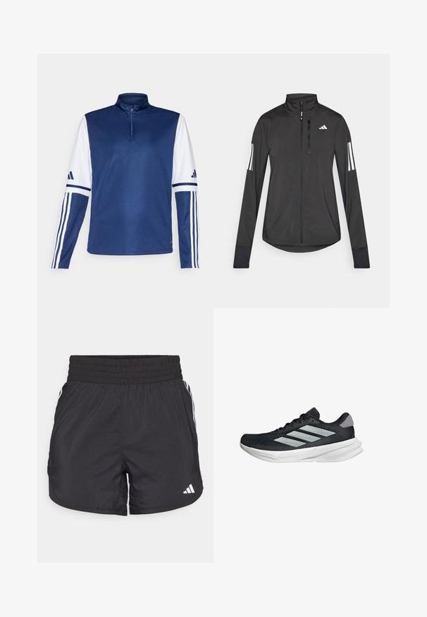 Čierna športová bunda vyrobená z ľahkého materiálu. Má zips vpredu, vysoký golier a tri biele pruhy na každom rukáve.; Námornícky modrý športový pulóver s golierom na štvrť zips, bielymi rukávmi, tromi bielymi pruhmi na každom ramene a hladkou textúrou.; Čierne športové šortky s elastickým pásom, bočnými vreckami a bielymi pruhmi po stranách. Vyrobené z ľahkého materiálu.; Čierna behacia obuv s vrchnou časťou z priedušného materiálu, tromi striebornými pruhmi, bielou medzipodrážkou a textúrovanou podrážkou. Obsahuje polstrovaný golier a uzatváranie na šnúrky.