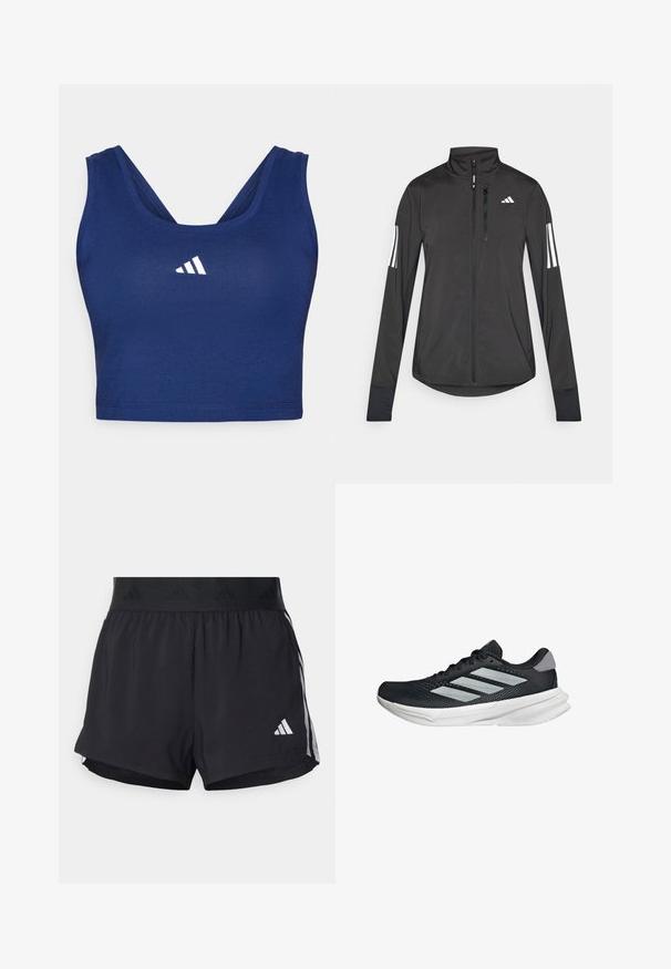 Černá atletická bunda vyrobená z lehkého materiálu. Má přední zip, vysoký límec a tři bílé pruhy na každém rukávu.; Námořnická modrá sportovní podprsenka vyrobená z hladkého materiálu, s designem racerback a bílou vyšívanou logem na přední straně.; Černé sportovní šortky s elastickým pasem, s texturovaným páskem, bočními pruhy a bílým logem Adidas na dolním lemu.; Černé běžecké boty s vrchní částí z prodyšné síťoviny, třemi stříbrnými pruhy, bílou mezipodešví a texturovanou podešví. Obsahují polstrovaný límec a šněrování.