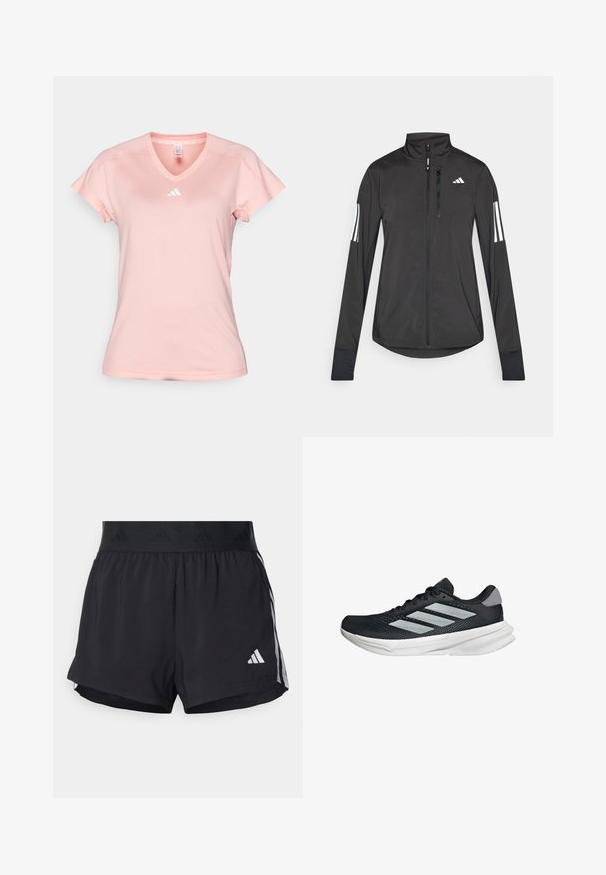 Black athletic jacket made of lightweight material. Features a front zipper, high collar, and three white stripes on each sleeve.; adidas Performance Sports T-shirt - semi pink spark; Black athletic shorts with an elastic waistband, featuring a textured band, side stripes, and a white Adidas logo on the lower hem.; Black running shoe with mesh upper, three silver stripes, white midsole, and textured outsole. Features padded collar and lace closure.