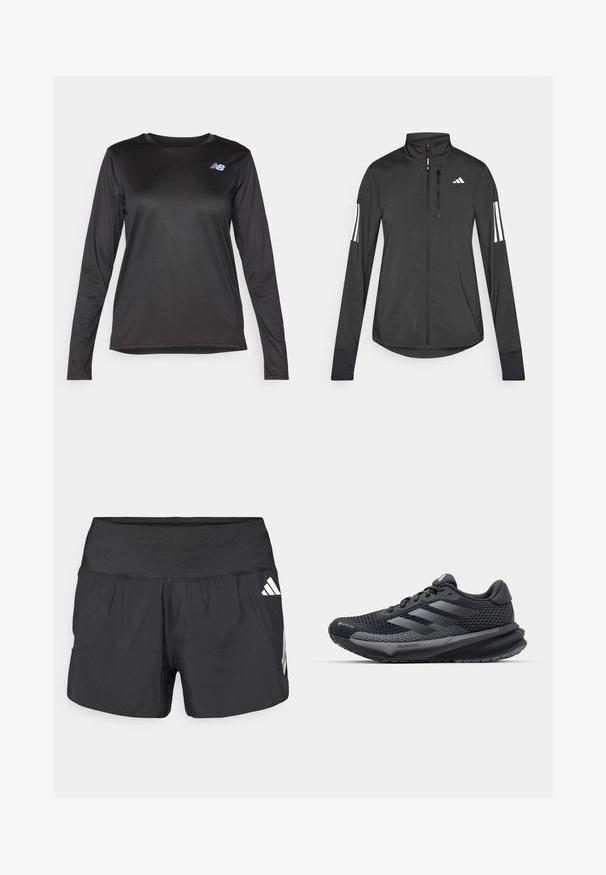 Musta urheilutakki, joka on valmistettu kevyestä materiaalista. Ominaisuuksiin kuuluu etuvetoketju, korkea kaulus ja kolme valkoista raitaa joka hihassa.; Pitkähihainen musta urheilupaita, joka on valmistettu sileästä, kevyestä materiaalista ja jossa on hienovarainen rakenne sekä pieni logo rinnassa.; Musta urheilushortsit, joissa on leveä joustava vyötärönauha, kevyt kangas ja valkoiset logokoristeet alaosassa sivulla.; Musta urheilusandaali, jossa on teksturoitu verkkopinta, heijastavat yksityiskohdat, pehmustettu pohja ja virtaviivainen muotoilu. Varustettu kolmella raidalla logolla.