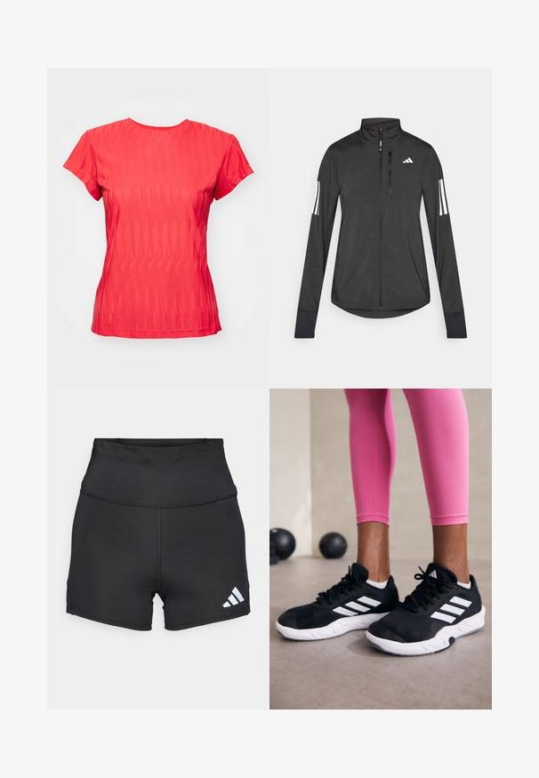 Chaqueta deportiva negra hecha de material ligero. Cuenta con una cremallera frontal, un cuello alto y tres franjas blancas en cada manga.; Camiseta roja de manga corta con un patrón ondulado texturizado, cuello redondo y un ajuste ligeramente holgado. La tela parece ligera y transpirable.; adidas Performance Leggings - black; Zapatillas deportivas negras con rayas blancas, parte superior de malla texturizada y suela blanca. Combinadas con leggings rosa, exhibiendo ropa de entrenamiento.