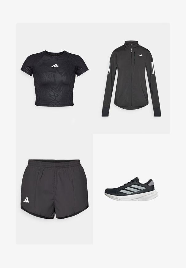 Crni sportski jakna napravljena od laganog materijala. Ima prednji zatvarač, visoki ovratnik i tri bijele pruge na svakoj rukavu.; Crni kratki sportski majica s teksturiranim uzorkom, kratkim rukavima i bijelim logotipom na prsima. Materijal izgleda glatko i fleksibilno.; Crne atletske kratke hlače od laganog materijala, s elastičnim pojasom i bijelim Adidas logotipom na donjoj lijevoj strani.; Crne trkačke tenisice s mrežastim gornjim dijelom, tri srebrne pruge, bijeli srednji sloj i teksturirani potplat. Sadrži podstavljeni ovratnik i zatvaranje s vezicama.