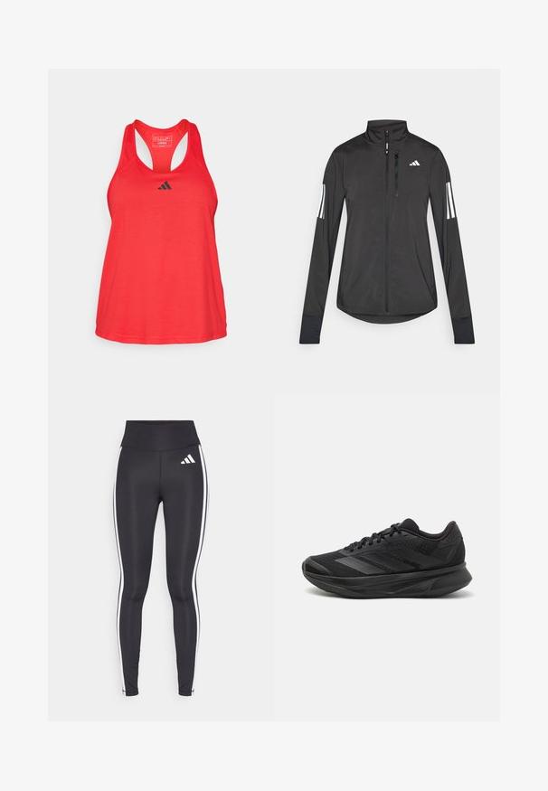 Chaqueta deportiva negra hecha de material ligero. Cuenta con una cremallera frontal, un cuello alto y tres franjas blancas en cada manga.; adidas Performance TRAIN ESSENTIALS MINIMAL BRANDING RACERBACK - Top - pure ruby/black; Leggings negros de cintura alta, con franjas laterales blancas y un pequeño logo blanco en el muslo superior izquierdo. Fabricados con material suave y elástico.; Zapatilla de running negra con parte superior de malla transpirable, punta redondeada, diseño elegante, acentos texturizados y suela acolchada para mayor comodidad.
