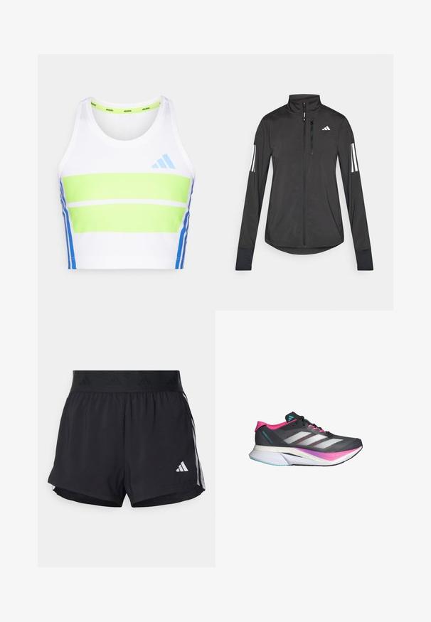 Czarna sportowa kurtka wykonana z lekkiego materiału. Posiada zamek błyskawiczny z przodu, wysoki kołnierz oraz trzy białe paski na każdym rękawie.; Biały sportowy crop top z zielonymi i niebieskimi poziomymi paskami. Posiada okrągły dekolt oraz niebieskie akcenty po bokach.; Czarne sportowe szorty z elastycznym paskiem w talii, z teksturowanym pasem, bocznymi paskami oraz białym logo Adidas na dolnym brzegu.; Buty biegowe z szarym siateczkowym wierzchem, różowymi akcentami i białymi paskami. Posiadają wyściełaną podeszwę oraz smukły, aerodynamiczny kształt.